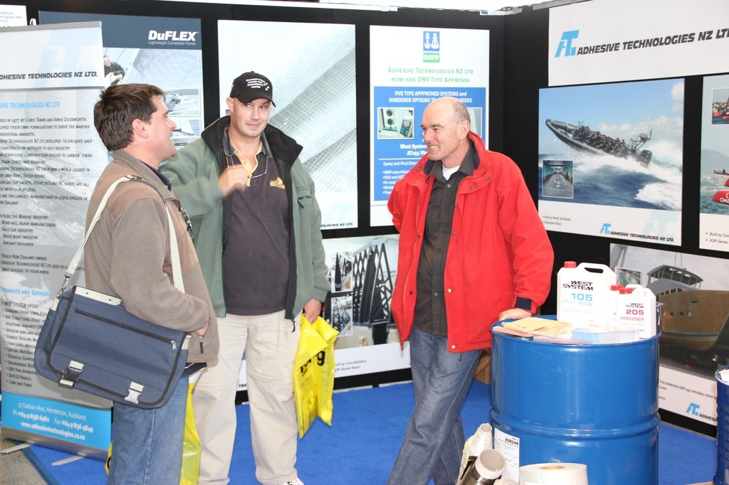 Top boardsailing coach, Grant Beck (right) on the Adhesive Technologies stand - Auckland International Boat Show, 16 September 2011 © Richard Gladwell www.photosport.co.nz